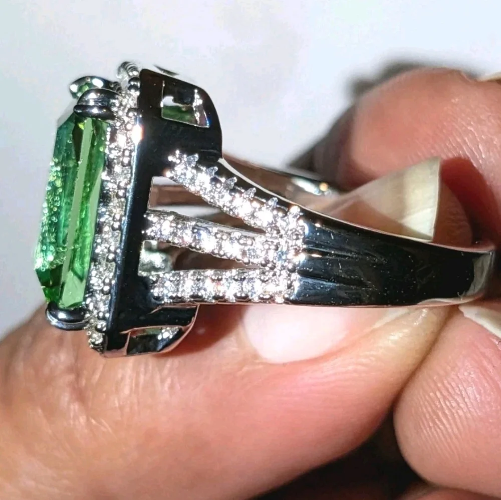 Women's Emerald Cut Green Peridot Halo Engagement Ring 14K White Gold Plated Sz9